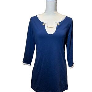 Nautica 3/4 Sleeve Top With Gold Chain Detail Neck Blue with White Size Medium